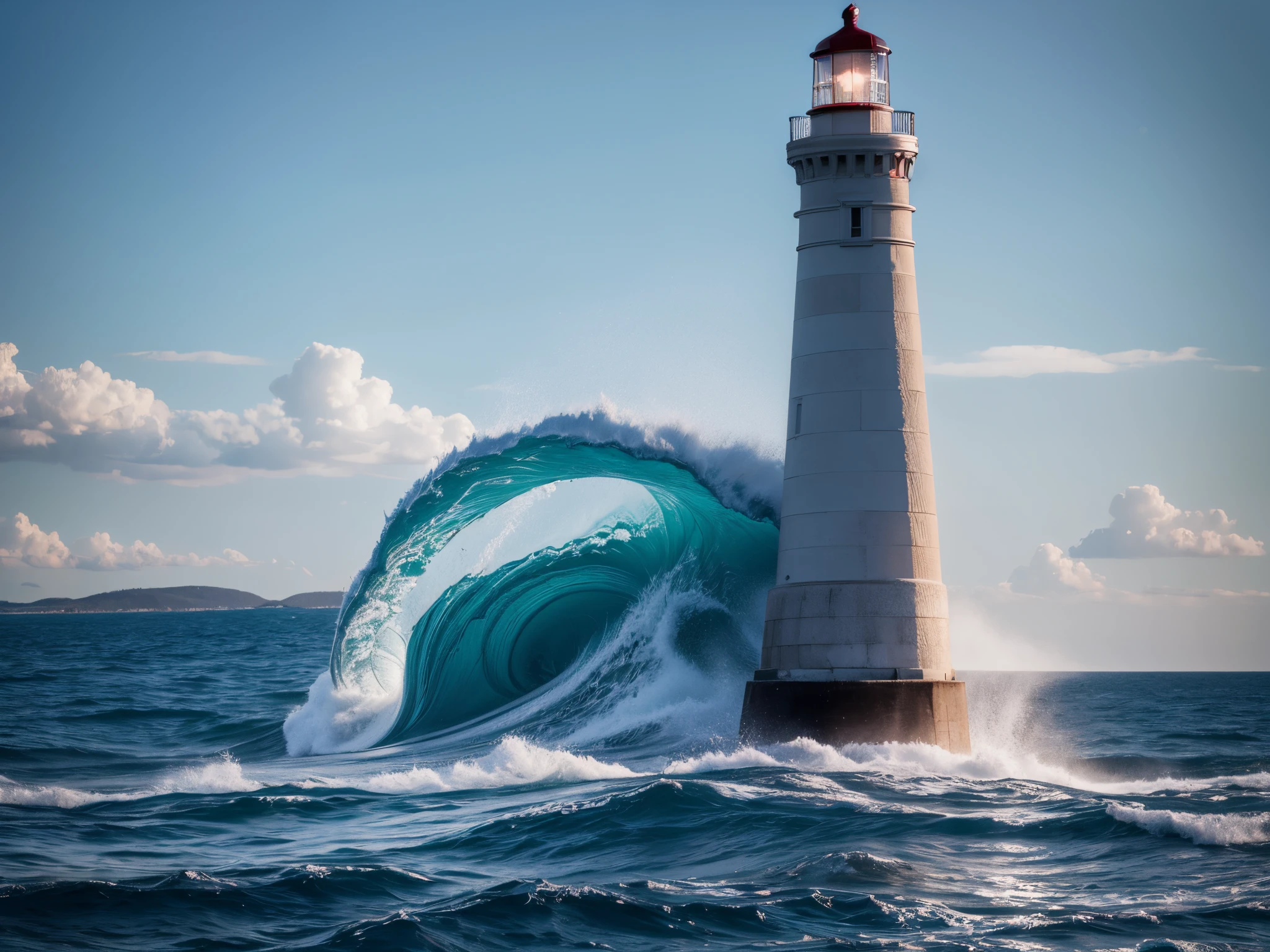 Illustrate a scene where a lighthouse of liberty stands proudly in a harbor adorned with fractal waves, symbolizing the guiding light of freedom on Independence Day. enormous tits