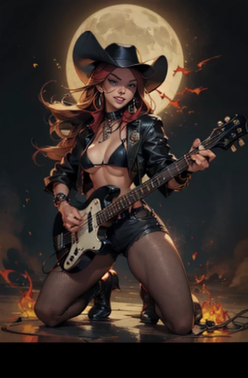 Highly detailed, High Quality, Masterpiece, beautiful, (best quality:1.2), solo, female focus, kneeling,1girl, portrait,guitar, long red hair, blue eyes, smile, topless, torso, 1girl, redhead, blue eyes, tanga, cowboy boots, black cowboy hat, electric bass, black bass, bass between legs, fishnet pantyhose, bass girl, full body, concert background, black guitar, micro bikini, motorhead logo in hat, lemmy kilmister, night, concert scenario, flames around,perfect,High detailed ,Color magic,SharpEyess,off,micro shorts,Micro shorts