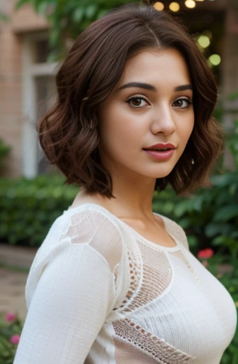 beautiful gorgeous glorious bollywood actress, standing in garden, wearing knitted bodycon dress, pretty face, beautiful glorious face, very fine face details, bright eyes, red lipstick, thin nose, burgundy hair, bob cut, curls, alluring natural breasts, round breast, not sagging, hourglass figure, perfect body, 4K details, ultra high resolution, skin fine details, full body photoshoot