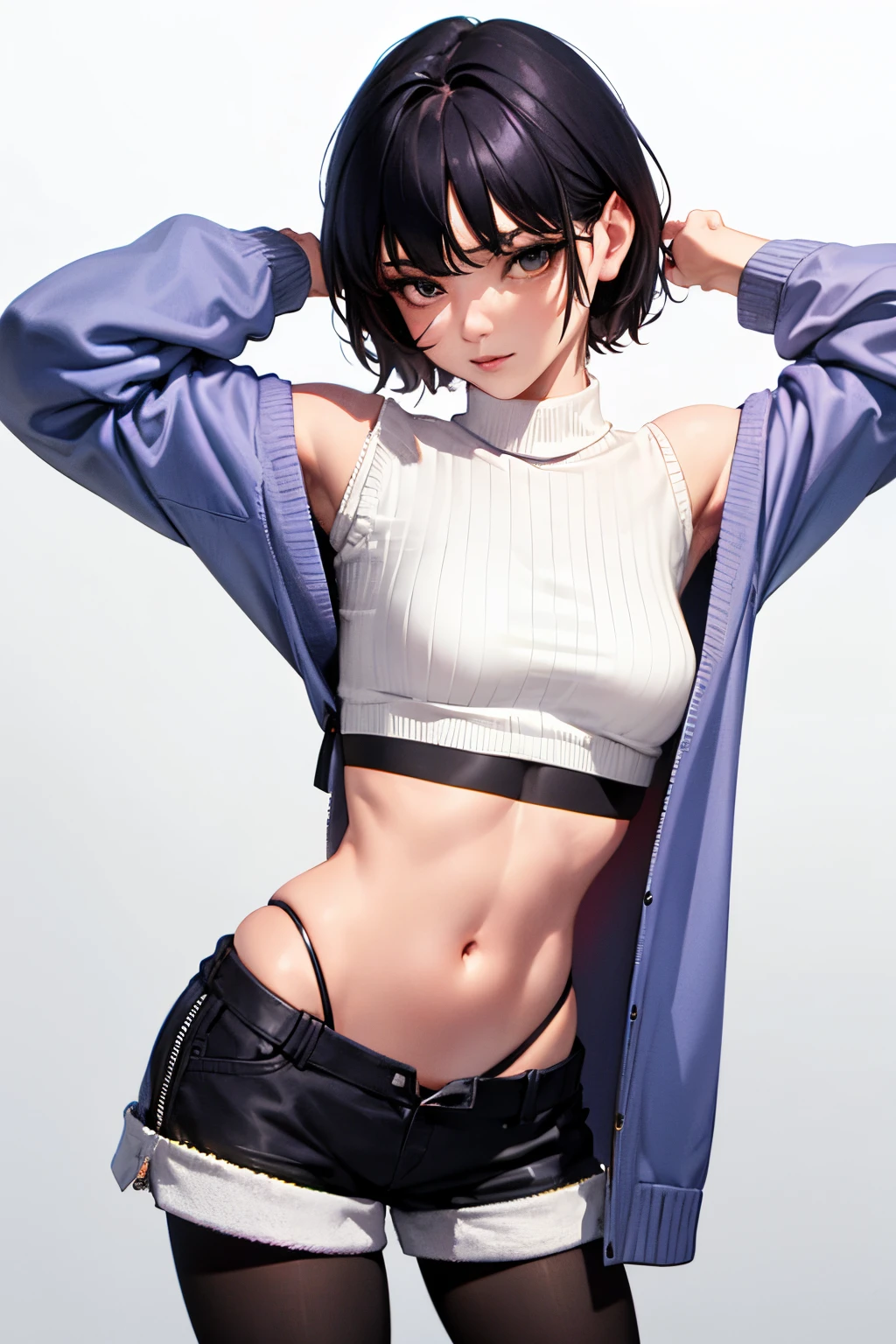 the model is holding his hand up to his ear in the air, 1girl, solo, navel, shorts, realistic, midriff, sweater, short hair, arms up, pantyhose, white background, simple background