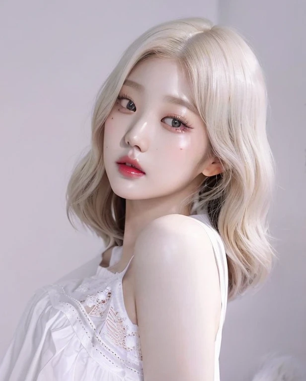 a close up of a woman with a white top and blonde hair, jaeyeon nam, jinyoung shin, popular korean makeup, popular south korean makeup, portrait of female korean idol, heonhwa choe, beautiful south korean woman, korean girl, wan adorable korean face, pale porcelain white skin, beautiful young korean woman, white hime cut hairstyle