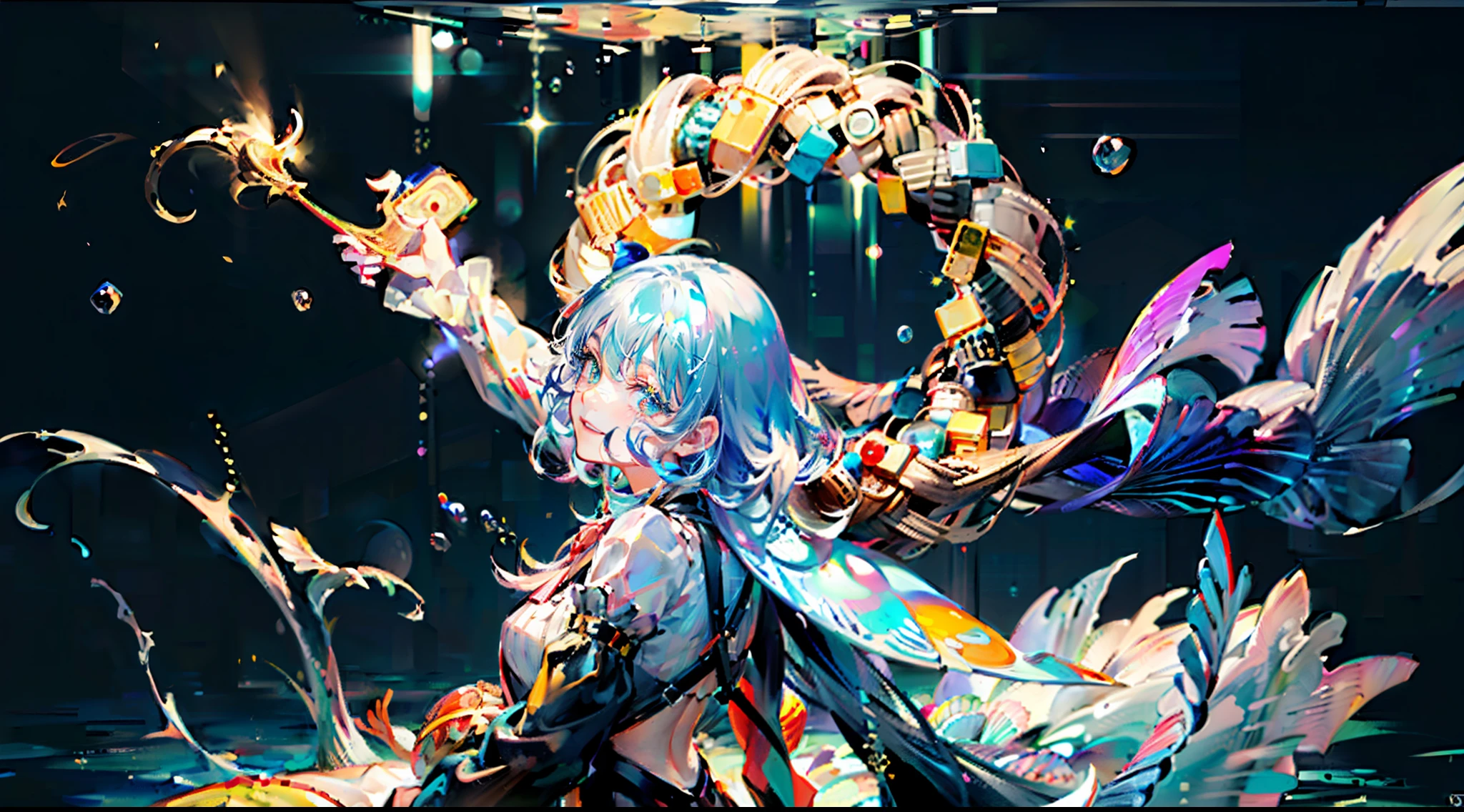 2D anime girl, 1 girl, side braids, looking up, upper body, 1 girl, mermaid, floating hair, underwater, scales on her arms, coral surrounded, night, golden eyes, white long wavy hair, bubbles, jelly fish, close-up, focus body and face, (focus: 1.5x), blurred frame, wavy sleeves , focus face, mature girl, light smile,look up, potrait, naked, transparent cloths, curious sight