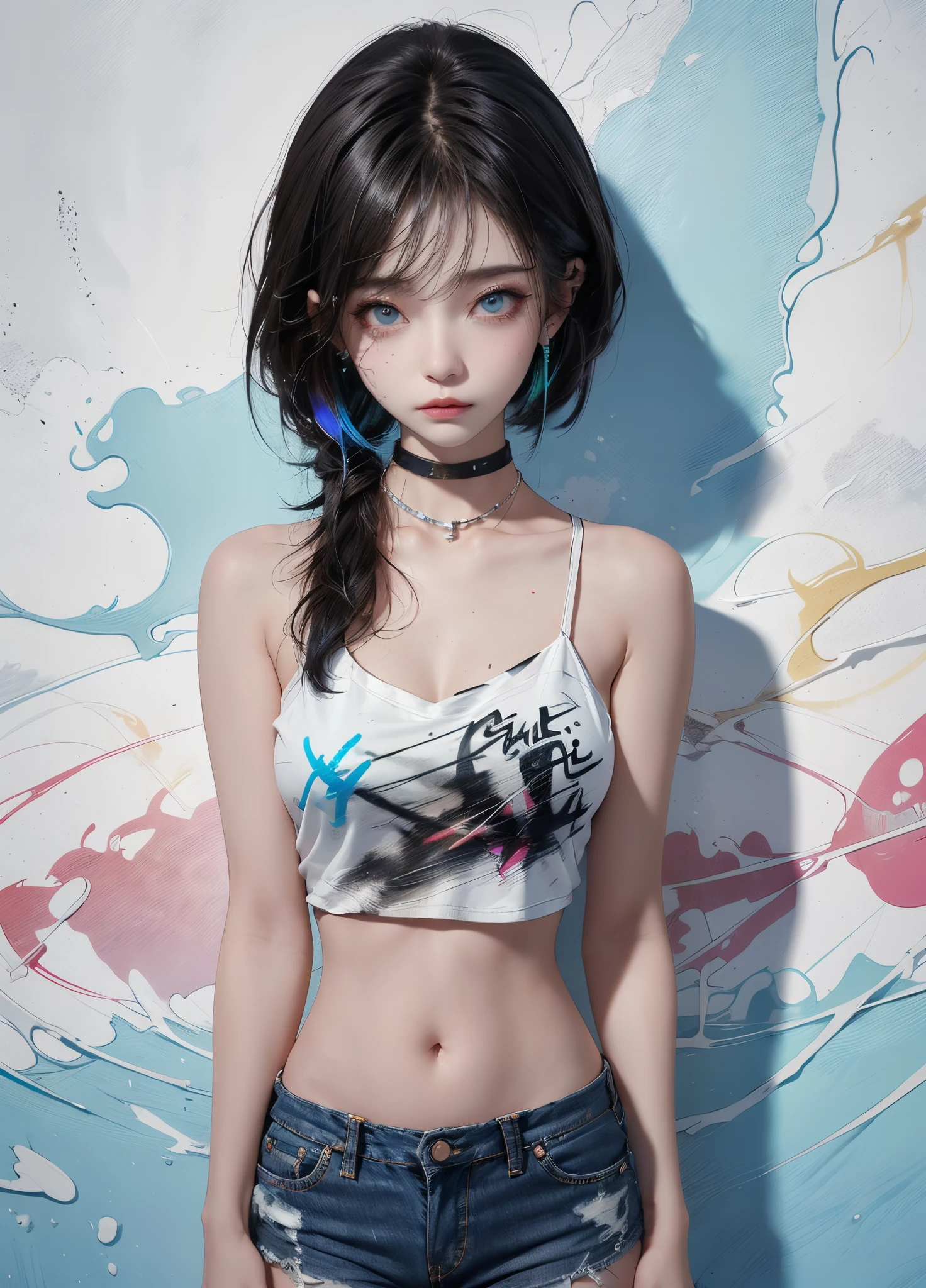 tmasterpiece, Best quality at best, 1 Sister, 独奏, short crop top, denim short, choker necklace, (scribbles:1.5), paint splatter, place one's arms behind one's back, against a wall, looking at viewert, armlets, thigh band, Paint on the body, tilt of the head, having fun, Hair color, Water-colored eyes, Earphone,graffiti wall