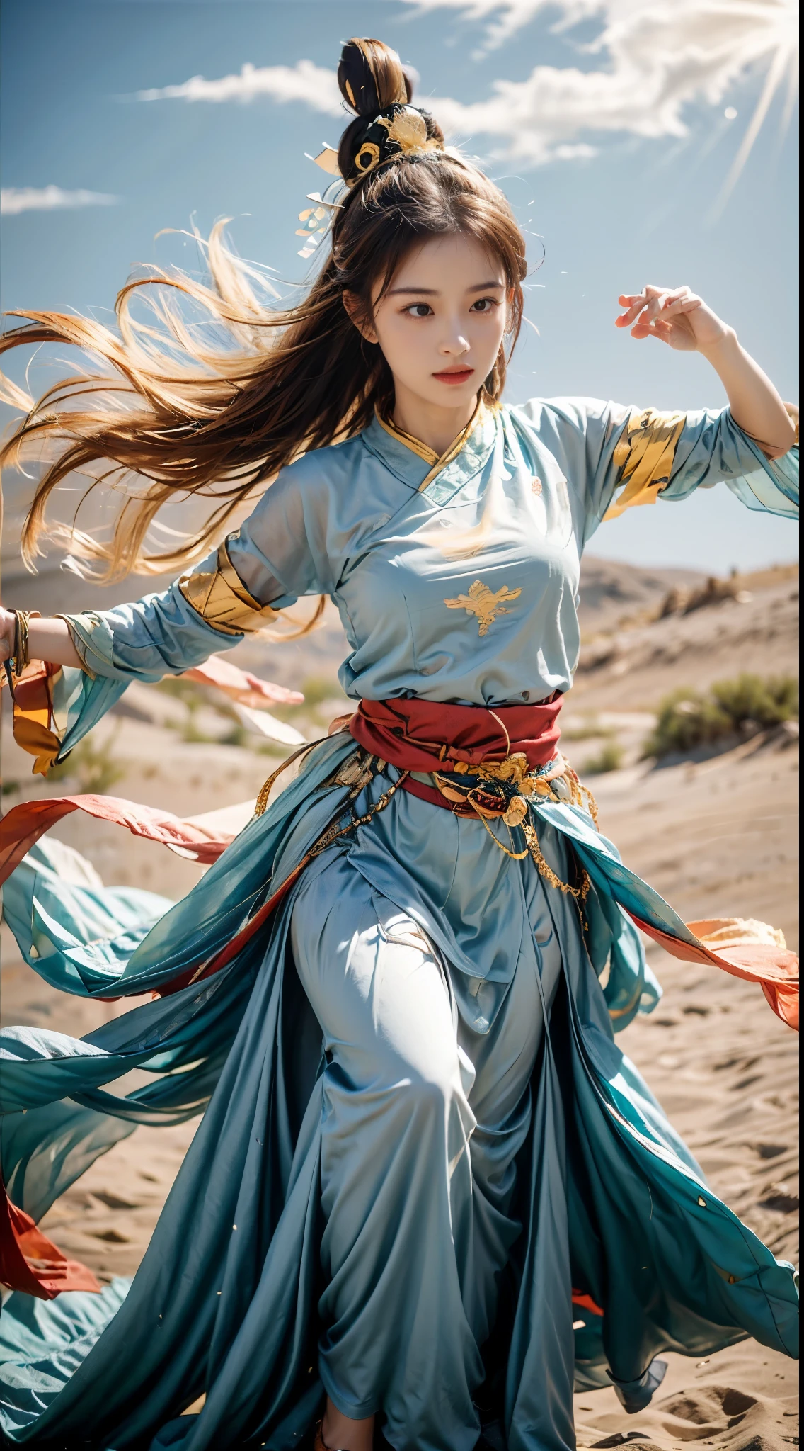 Women in Hanfu in Song Dynasty, Her red Songmo headdress flutters in the wind, Her swordsmanship is agile and powerful, As if ready to leap into the air at any time. Let's go: Every sword dance move she makes is full of energy and power, Her hair flew wildly with the violent movements, like flames dancing in the air. Background with: Background simplicity, Outline with light ink, Highlight the fluidity and power of character movements. Stylistic features: Capturing the elegance of clothing and the movement of sword dance, Designed to present an artistic effect that combines movement and stillness.,A vibrant, The is very detailed. Color-themed narrative, strategic battle, Palace intrigue, Vast desert, Duel in the rain, Cinematic, The is very detailed, Focus sharp, environmental components, Dynamic theater heaven atmosphere，((8k，​masterpiece，Winning works))，