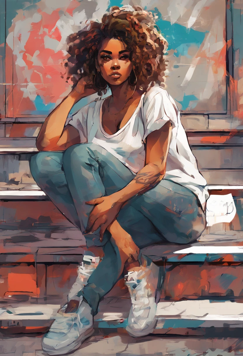 Be an oil painting painter and paint a girl with dark skin, sitting position, full body visible, with curly hair, brown eyes, thin lips, with tattoo, small ears, slim body, full length, standing, your personality is introverted, calm demeanor, her facial expression is serious, her typical gesture is crossing her arms, she likes to wear light colors, she likes to read and exercise, she doesn't open up to people, she is always suspicious of everyone, she is in front of a graffiti wall, it's a cloudy day and there are no people in the enclosure. She wears casual style clothes, a white tank top and jeans, running shoes, and does not wear earrings or other adornments. Experiment with different combinations of details, adjusting as needed to maintain consistency across generations. he's painting captures the essence of both Chris Ellis (Daze) and Jenny Saville.