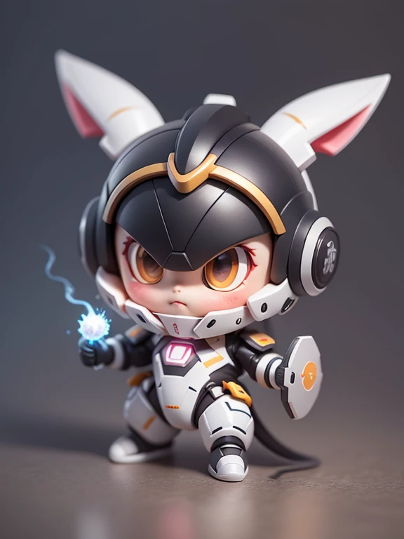 (Blind box toy style:1.2), (fully body photo),1 transparent cute rabbit, small,Pokémon style,Machine style,Pokémon,lava,surround neon lights,3Drenderingof(Q version),white color mecha, white helmet:1.2, Glow-in-the-dark goggles:1.2, cyber punk personage,action,(fill body:1.2),chibi,Clean,Overall,white backgrounid, ( globalillumination, ray traycing, HighDynamicRange, unreal render,Reasonable design, tmasterpiece, Best quality, hyper HD, 电影灯光)，