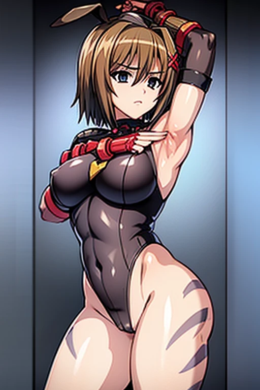 Masterpiece, Best Quality, Highly detailed, illustration, absurdres, street fighter, doll suit, shadaloo doll, 1girl, solo, expressionless, blank eyes, looking at viewer, red gloves, emotionless, black latex, corrution, mind control, female combatant, full body, hypnotized, unhappy trance, full body suit, leotard, perfect female body, extremely glossy latex, hypnosis, hypnoLora, empty eyes, Mind control device, thigh high, poses, submissive_pose, standing, standing at attention, Slave, slave oufit, full tight leg, black leggings, spread armpit highres, Magical Girl Lyrical Nanoha Strikers, Hayate Yagami, playboy bunny, fishnet legwear, rabbit ears, park, lying, on back, bed sheet