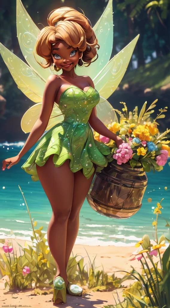 ((African American girl)), (short kinky hair), (Tinkerbell Waifu:1), smile, cute, looking at the viewer, thick thighs, (strapless green dress:1), (fairy wingocus on breasts:1.2), (realistic: 1.2), (realism), (masterpiece: 1.2), (best quality), (ultra-detailed), (8k, 4k, complex),(full body photo: 1),(cowboy photo:1.2), (85mm), light particles, lighting, (highly detailed:1.2), (detailed face:1.2), (gradients), sfw, colorful,(detailed eyes:1.2), (detailed landscape, inside a glass jar:1.2),(detailed background), detailed landscape, (dynamic angle:1.2), (dynamic posture:1.2), (rule of terceira_compositing:1.3), (line of action:1.2), general plan, daylight, soil, no panties, huge breasts