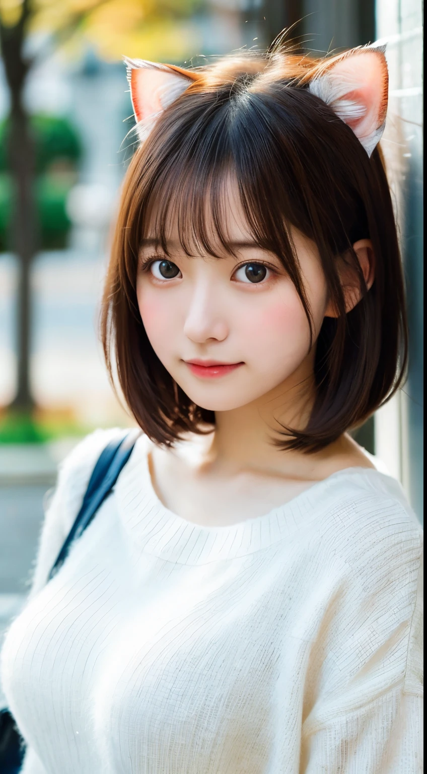 masutepiece, Best Quality, 8K, 20 yo, (large full breasts:1.2), cute little, Solo, sad, Cute, Girly, Delicate girl, Neat and clean beauty, Raw photo, Professional Photography, Portrait, Soft light, Professional Lighting, Back lighting, Upper body, Looking away, Sophisticated, Film grain, (Eyes and faces with detailed:1.0), Short-length floating hair, Beautiful flowing hair, Winters, White sweater, Feline ears, Nyan Nyan, a park