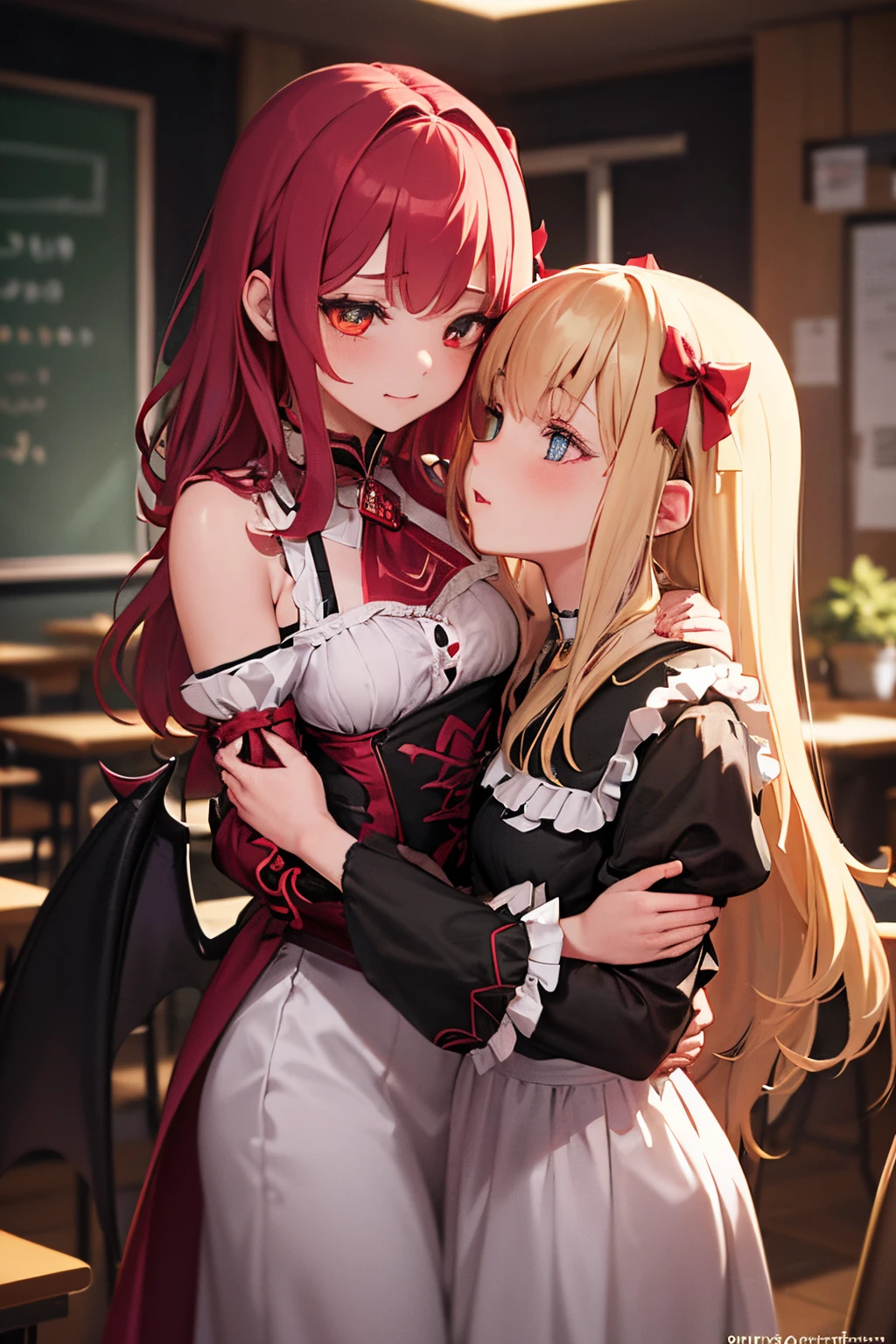 "Draw a picture of two girls, an angelic girl and a devilish girl, around the , hugging each other while gazing into each other's eyes. The angelic girl is wearing a flowing white dress.
She has a warm and loving expression on her face, with her eyes locked onto the devilish girl'
onth, the she has Sb ack 'hair styled In a wild manner!
The devilish girl is wearing a red and black
She has a soft and
affectionate expression on her face, with her eyes locked onto the angelic girl'
Both girls are standing in a school classroom
There is a blackboard on the wall.
and desks and chairs are lined up
There is a large window with a view of the residential area outside They_are embracing each other tightly, with their foreheads touching and They are kissing passionately. The atmosphere is peaceful and intimate.
" ( (vamanosusume)) (RozenMaiden)
Super realistic!, Photorealistic. by Alfons Maria Mucha by UnrealEngine5, depth of field,