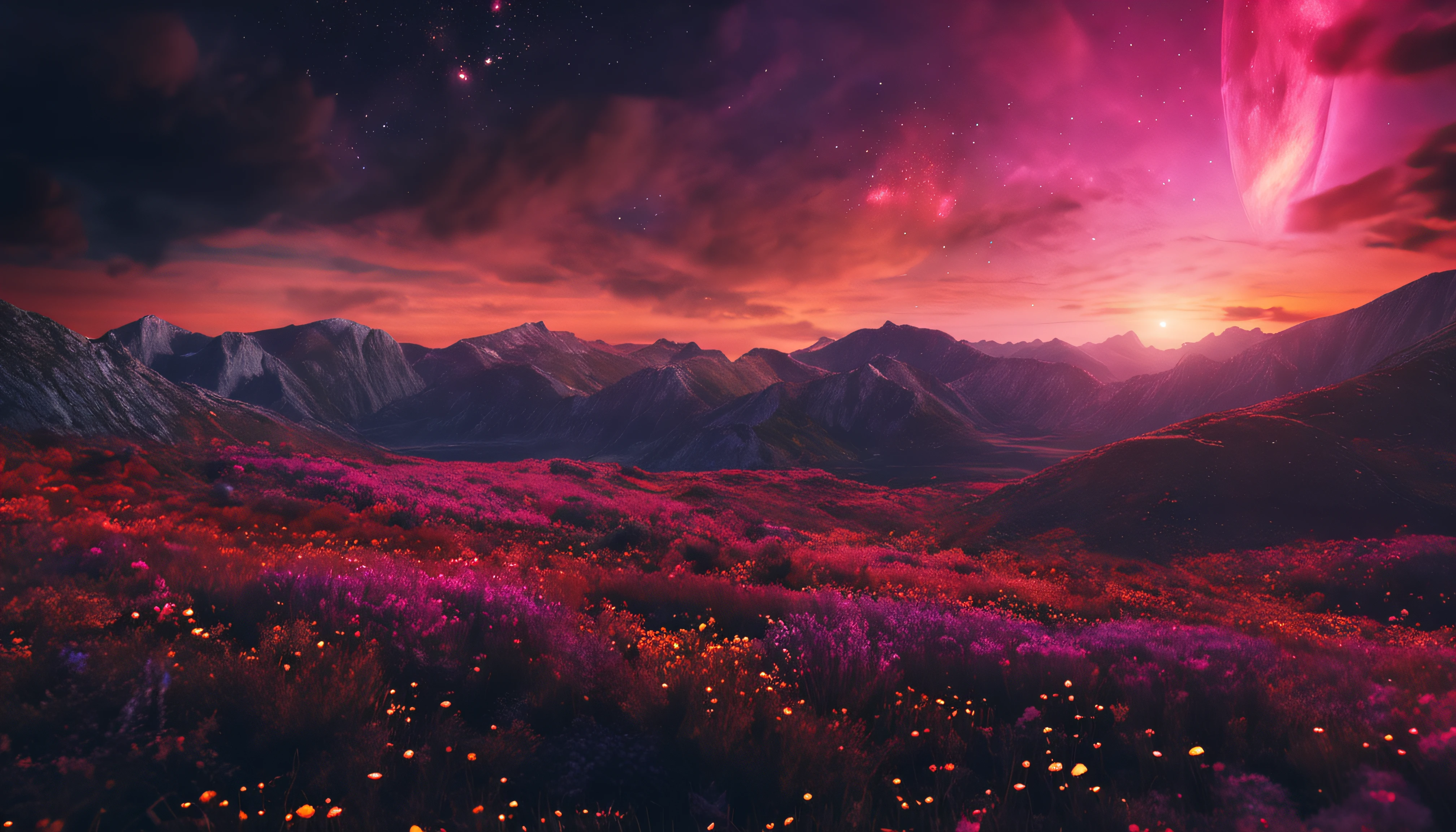 Color pattern 4k, beauttiful stars, pareseum sanho, The sky looks very beautiful, Hyper-Resolution, perfect litthing, Dark space, space photo, The best bonito, fansty world, Girl standing on a flower, Look at the sky, Dark atmosphere, Perfect color classification