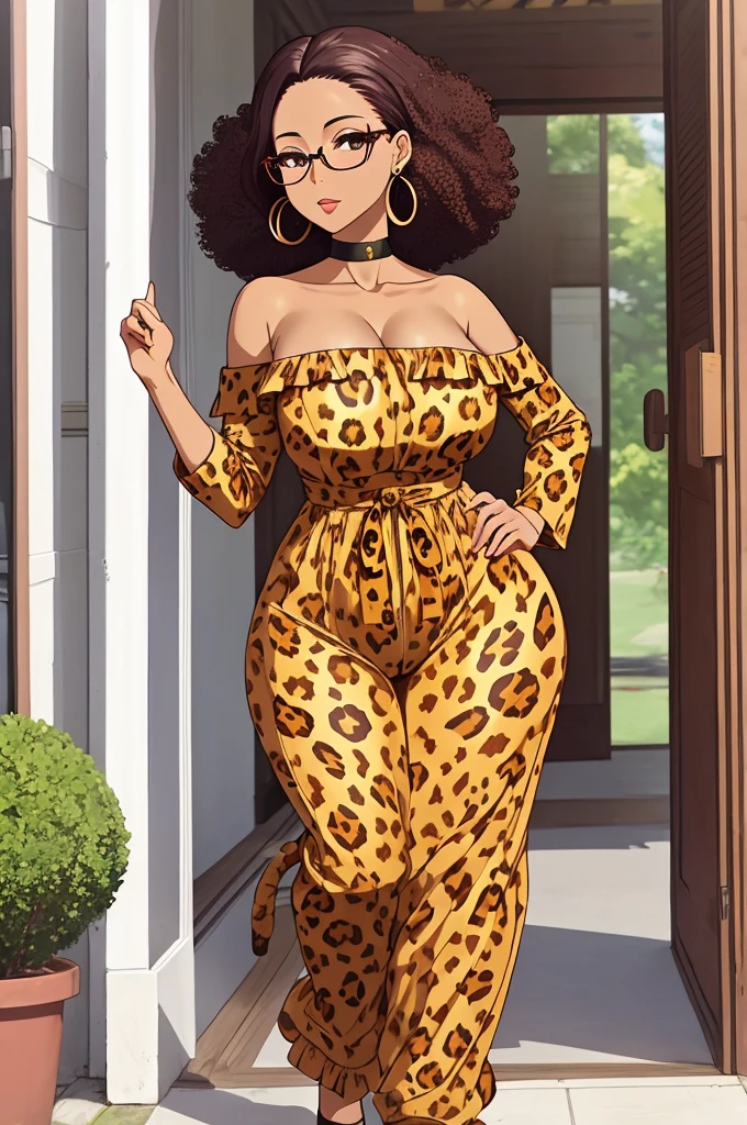 masutepiece, Best Quality:1.2),Detailed face, Detailed eyes, eye glass、afro、large earring、 Curly hair, Large breasts, Elegant woman, leopard print jumpsuit, inside in room, Full body