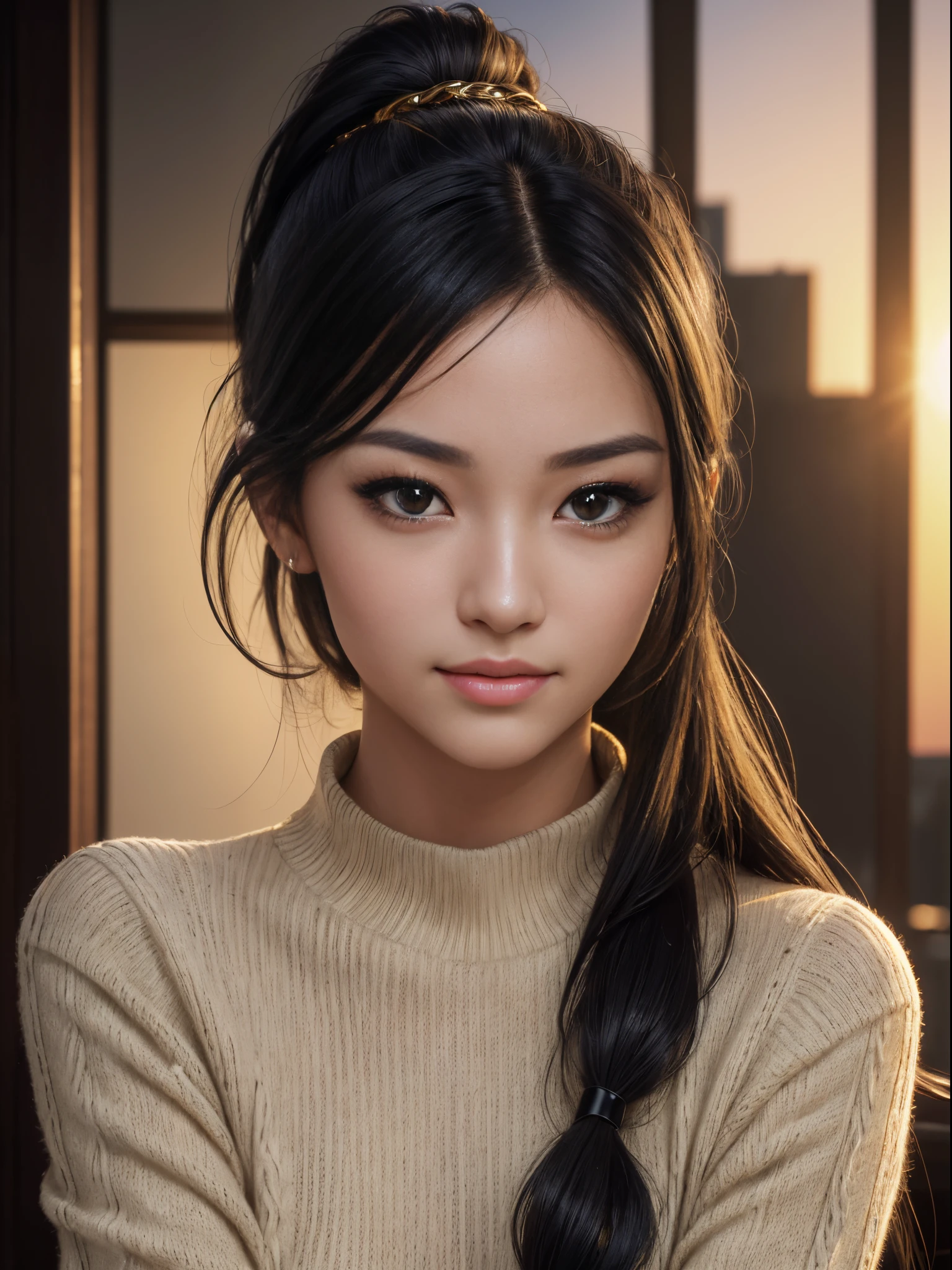 top-quality, Ultra high definition, Supreme depiction, Top resolution, masterpiece, (Ultra-realistic:1.4),Sunset light, Ponytail, Japan women, detailed photo, Smiling, Sexy, Black shirt, Facing Camera, close-up (masterpiece: 1.3), (8k RAW photo, Ultra-realistic, top-quality: 1.4), (1girl in), Beautiful face, (Realistic face), (shiny black hair, Long: 1.3), Beautiful hairstyle, Realistic eyes, Beautiful detail eyes, clear amber eyes, (Realistic skin), Beautiful skin, (Sweaters), Absurd, Attractive, Ultra High Resolution, A hyper-realistic, High Definition, Golden ratio