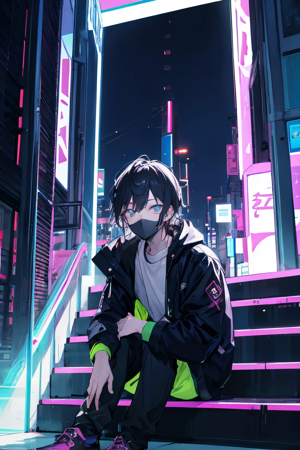 young man wearing a face mask, Sitting on the steps, illuminated by the neon of the night city, beste-Qualit, Clear Eyes , Detailed Face, A detailed eye, beauty eyes