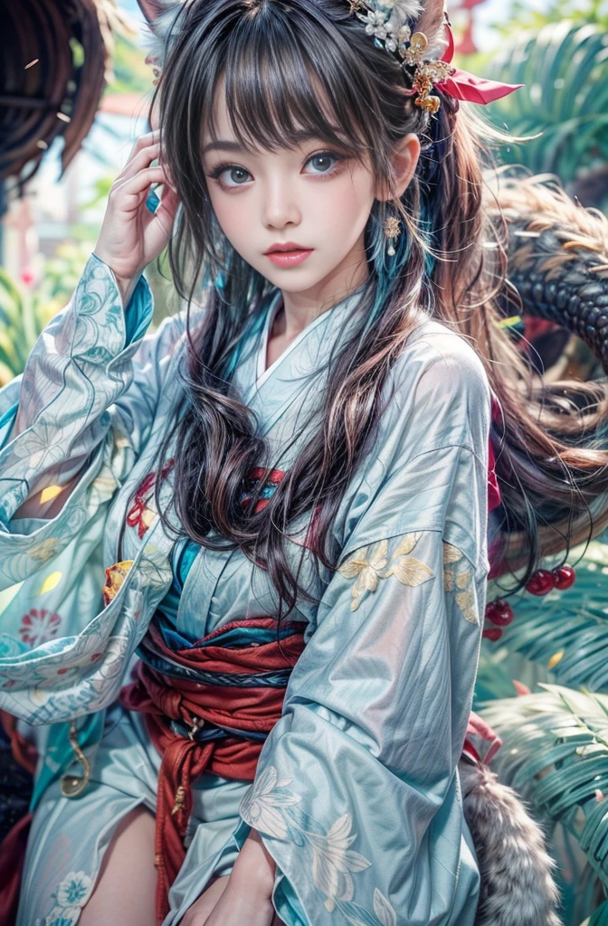 (Photoreal Stick:1.4, masutepiece:1..3, 8K), top-quality, masterpiece, 超A high resolution, Perfect dynamic composition, Professional camera work, Grow Light Effect, Mystical portrait, Cinematic Light, Highly detailed skin and facial texture:1.3, The ultra-detailliert, A detailed eye, (riding a dragon, holding an cane), (myterious:1.3, Fanciful:1.2, tradition:1.2, majestueux:1.2), 1girl in, 25-years old, cute and sexy slim goddess, Fair skin, (Enraptured look:0.9, Totally captivates you:1.0), (japanese miko costume:1.3), (voluptuous breasts:0.9), (Backshots, Calm pose), (Beautiful blue eyes, Eyes that feel beautiful eros:0.85), Sexy face:0.4, (A mouthfeel that feels beautiful eros:0.85), ((Too cute beauty:0.9)), Fantastic background, Erase unnecessary hands and fingers