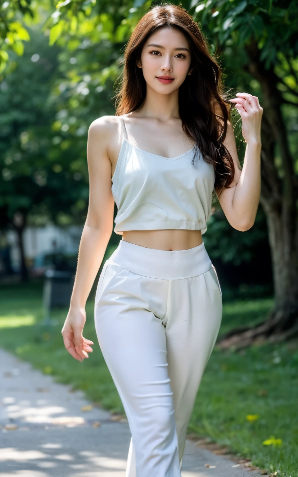 Highly detailed CG Unity 8k wallpaper, of the highest quality, masterpiece, Realistic, photograph realistic, Highly detailed beautiful woman, beautiful woman, large breast, (get sweaty) ,  Round eyes, Realistic female hands, viewer, Smile, Tall woman, Parted lips, full body photographed, tight sportwear, long hair, thick hair, flowing hair, hard nipple, walking in park, park background, , add_detail:0,