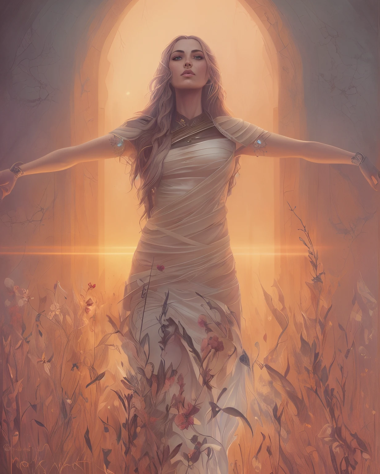 a photo of woman ( anatomically correct drawing of the body, high-quality drawing of details),  Human hand, very clear without flaws with five fingers,with long hair and blue eyes in a field, beautiful fantasy art portrait, fantasy art portrait, fantasy portrait art, beautiful fantasy portrait, fantasy portrait, gorgeous digital painting, Detailed matte fantasy portrait, beautiful digital painting, beautiful digital illustration, Fantasy genre portrait, in the art style of bowater, karol bak uhd, beautiful digital artwork