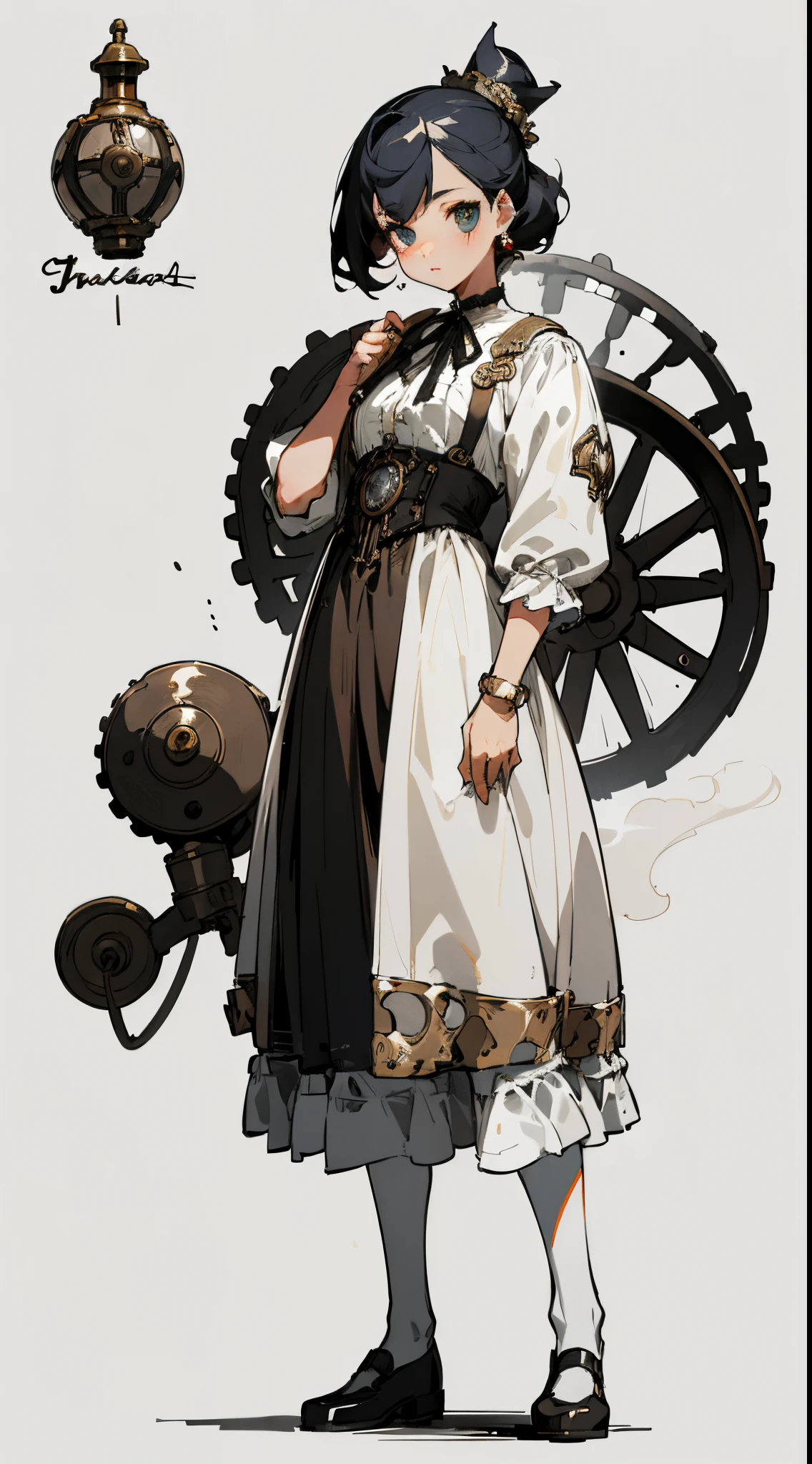 ((tmasterpiece)),(((Best quality))),(character design sheet,Same character,the street,side,Take a step back),lamplight,1 girl,silber hair,princess cut,hair on eyes,pretty eyes,Environmental Scene Change, Uniform posture, Gorgeous princess dress, steampunc，Victorian clothes，steampunc，gear wheel，pocketwatch，vintage jewelry，vintagestyle, Chatongbetalora，The whole body is from head to toe, ( Background with, white backgrounid: 1.3)