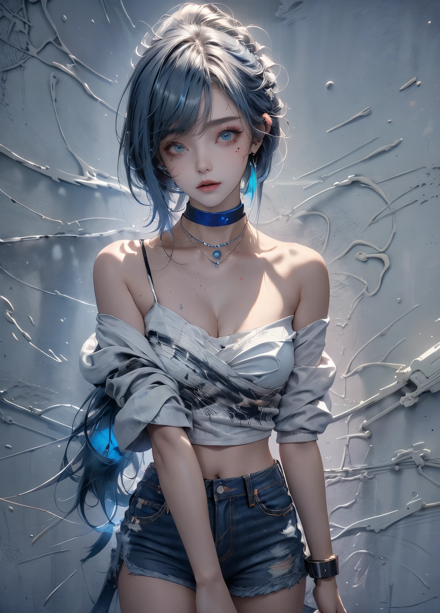 tmasterpiece， Best quality at best， 1 Sister， 独奏， short crop top， denim short， choker necklace， （scribbles：1.5）， paint splatter， place one's arms behind one's back， against a wall， looking at viewert， armlets， thigh band， Paint on the body， tilt of the head， having fun， Hair color， Water-colored eyes， Earphone，graffiti wall