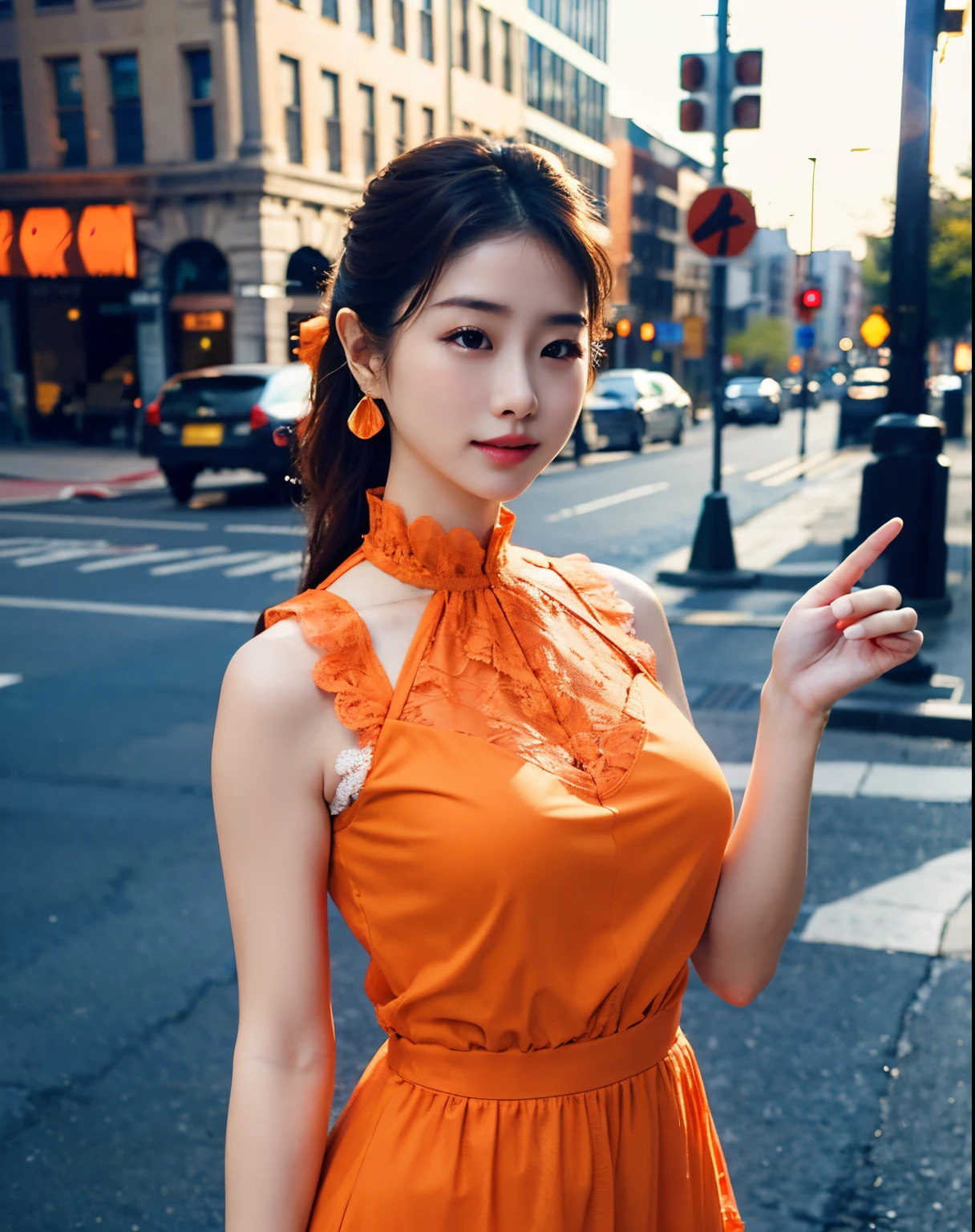 a woman posing on the street corner with light orange dress on, best quality, high res, 8k, 1girl, (huge breasts), day, bright, outdoor, (street:0.8), (people, crowds:1), (lace-trimmed dress:1.5, light orange clothes:1.5, orange high-neck dress:1.5, sleeveless dress, orange dress: 1.5), gorgeouedium hair), beautiful detailed sky, beautiful earrings, (dynamic pose:0.8), (upper body:1.2), soft lighting, wind, shiny skin, looking at viewer,
