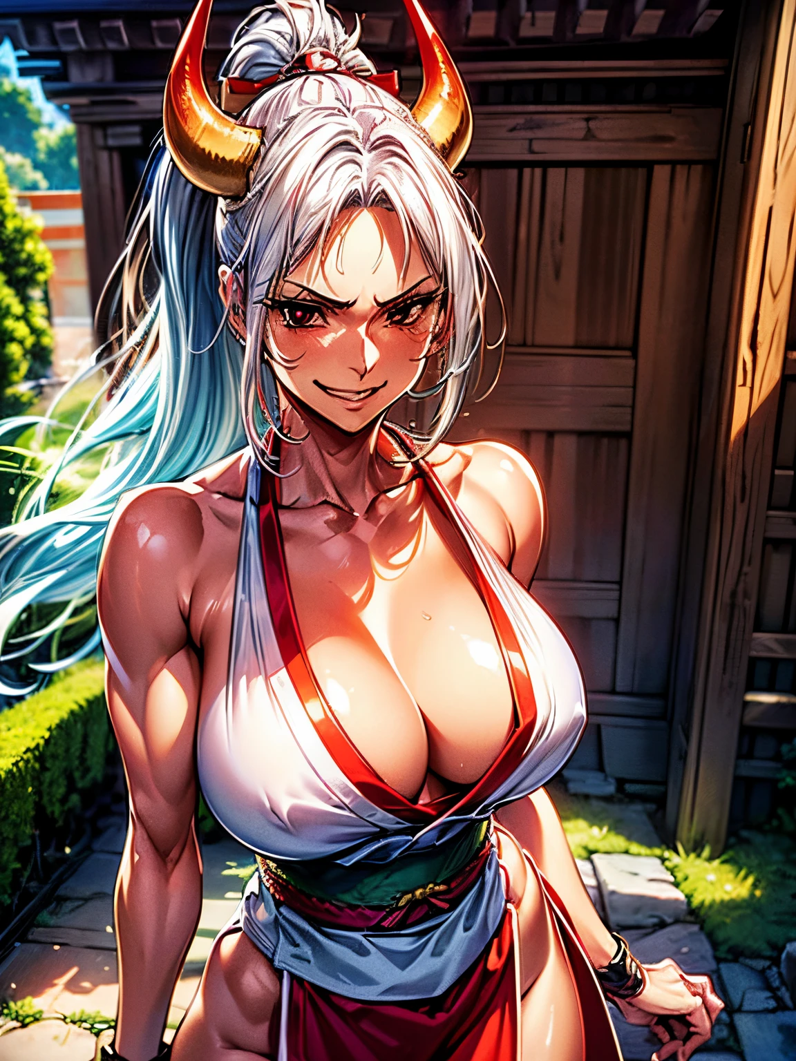 (Best quality at best,8K,A high resolution,tmasterpiece:1.2),Digital artwork, one lady，detailed face，detailed eyes，white hair，gradient green hair end，Big breasts，red eyes，cowboy shot，white obi strip，pelvis curtain，red cloth，oni horn，hair stick，bare shoulders，somewhat muscular，tipsy smile，Japanese garden