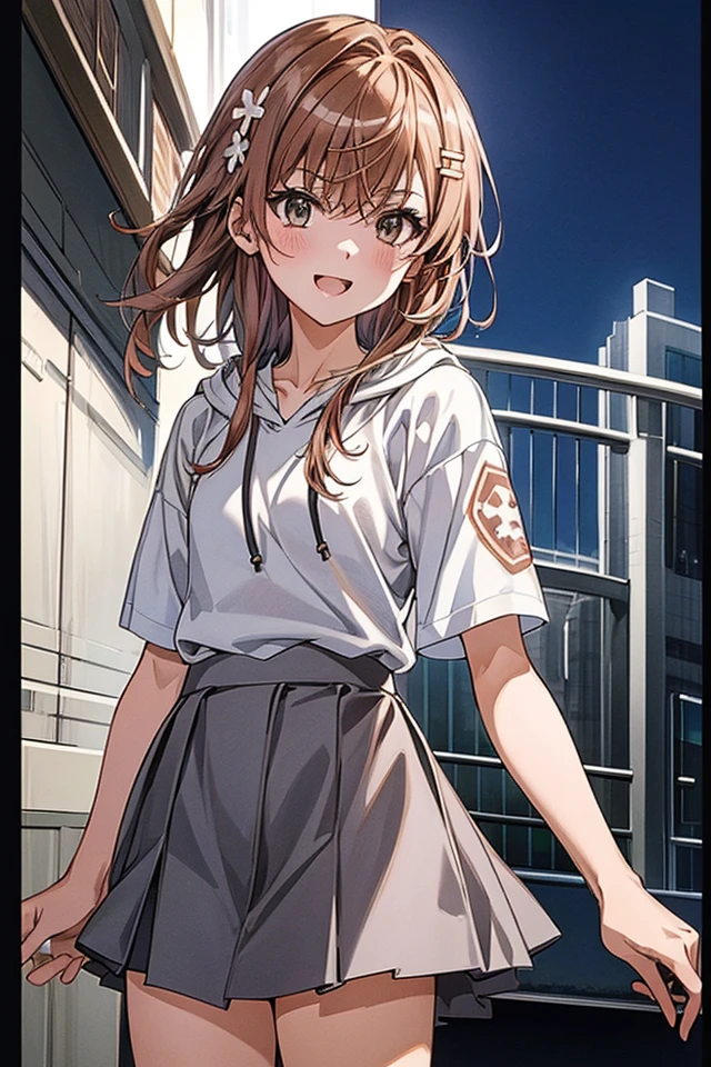  masterpiece,beste Quality, Misaka_mikoto,solo, brown eyess, Short_Hair, Small_Breast, looking at the viewers　Student uniforms, tokiwadai_School_uniform, whiteshirt, Sweater Vest, Gray miniskirt, , White loose socks, shoes, standing、