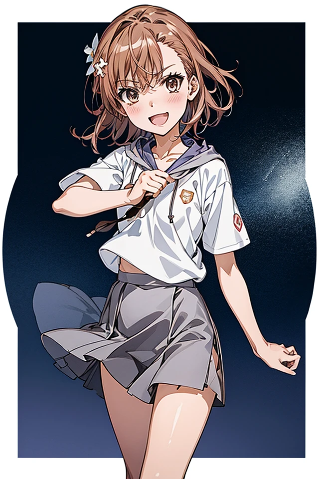 Misaka_mikoto, 1 persons, 独奏,
(illustratio:1.1)、(Top image quality)、(masterpiece:1.1)、(beautiful and clear background:1.25)、(the Extremely Detailed CG Unity 8K Wallpapers:1.1)、(colourfull:0.9)、(depth of fields:0.75)、(Ink splashing:0.95)、(color splashes:0.85)、(watercolor paiting:0.65)、
(cowboy shot:1.4)、(校服:1.4)、:D、耳环、up looking_で_viewer、Sunnyday、detailed blue sky、((grey miniskirt))、(White shirt with short sleeves)、Black hoodie,A hoodie large enough to cover your pants,shortpants,black pantyhose king,brown short boots