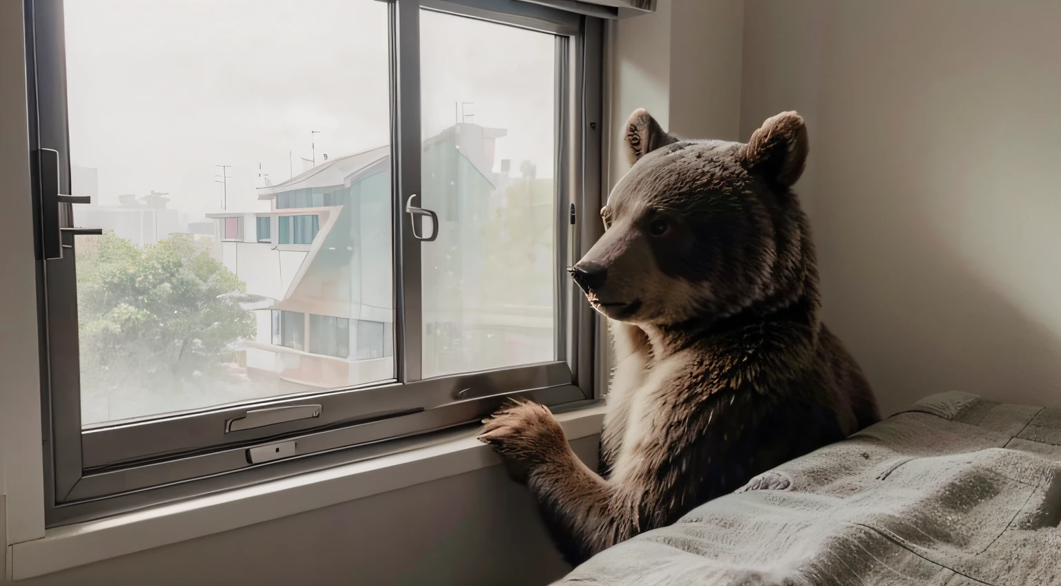 Grizzly bear wakes up from nest,Looking out the window curiously。