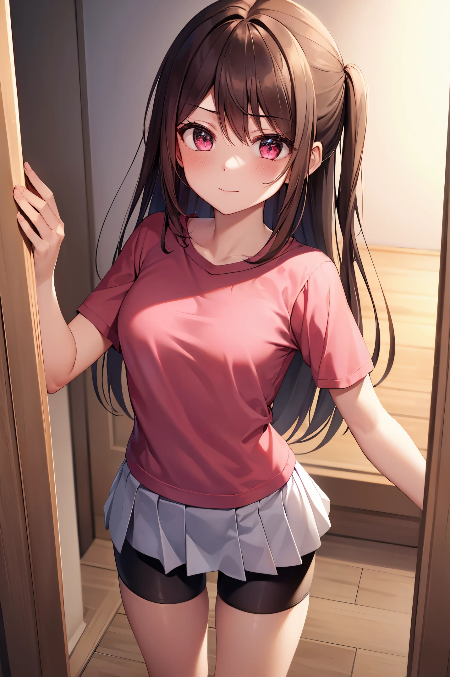 Room, 1 girl, best quality, ultra high res, long hair, brown hair, Brown eyes, pink shirt, short sleeves, white skirt, pleated skirt, miniskirt, bike shorts, bike shorts under skirt, looking at viewers, small breast, standing, pov, slim body, looking you,