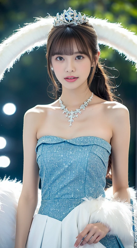 BREAK (white and light-blue theme:1.5), ((elegant style, gorgeous):1.2), ((light-blue princess dress with white fluffy fur, light-blue hoop skirt):1.4), (snowflake-symbol print on dress:1.4), ((strapless, bare shoulders):1.3), (extremely precise embroidery:1.3), (fluffy fur:1.3), (A necklace made of countless gems:1.2), (high heels:1.1),