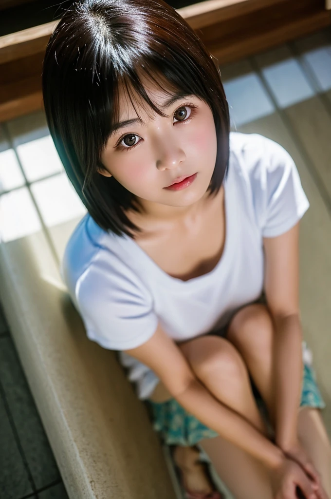(8K、top-quality、​masterpiece:1.2)、(reallistic、Photorealsitic:1.2)（ultra-detailliert、hight resolution）(Slouched:1.3)、crouching down、(From  above:1.2)、(a closeup:1.4)Open your legs、（Sit with your knees upright:1.4）downbrouse、(Play Cajon)、Smirk,Alafed Girl, chiho, iwakura lain, closeup Iwakura Lain, With short hair, Shiori Teshirogi, Kotegawa Yui, hime-cut, She is 18 years old, sui ishida with black hair, lain iwakura, girl cute-fine-face, Clear pubic contours,(Small breasts), hight resolution, ighly detailed, top-quality, [​masterpiece:1.6],, ighly detailed, nffsw, finely detail, top-quality, , Cinematographic lighting, 1girl in、Cute Japan Girls、perfect body type、, cute droopy eyes beautiful big eyes、Transcendent beauty　top-quality、​masterpiece、majicMIX Real、(Raw photography:1.2)、(Photorealsitic:1.4)、university campus、Shot from above　Negative Prompt