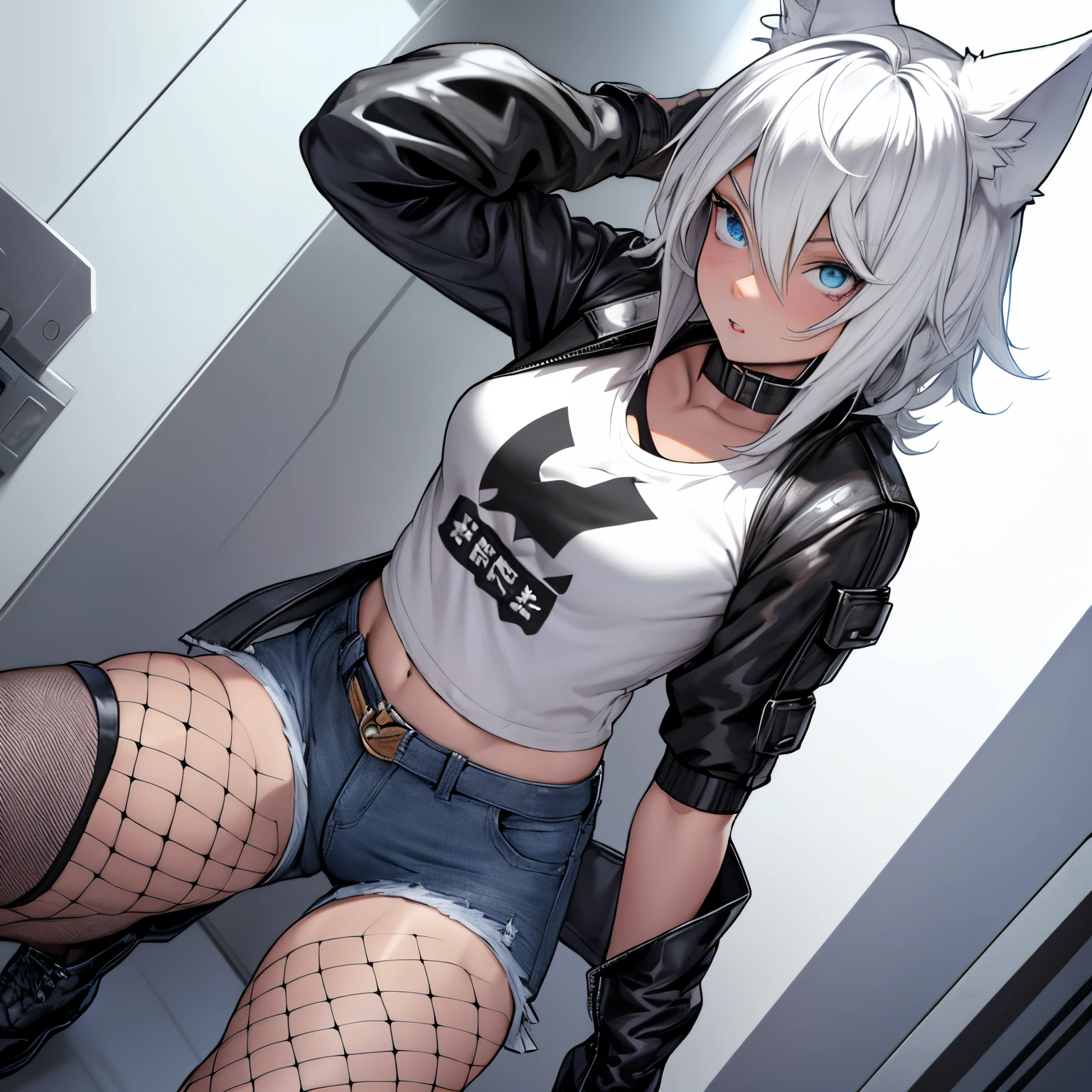 Single boy, Anime Femboy, Short, Long white hair, wolf ears, wolf tail, blue eyes, wearing short denim shorts, thigh high fishnets, black combat boots, wearing fur lined open jacket, flat chest, super flat chest, wearing cropped t-shirt, solo femboy, only one femboy ((FLAT CHEST)) solo, alone, (SOLO)(ALONE) thicc thighs, wide hips, blue eyes, perfect eyes, perfect face, pouty lips, happy