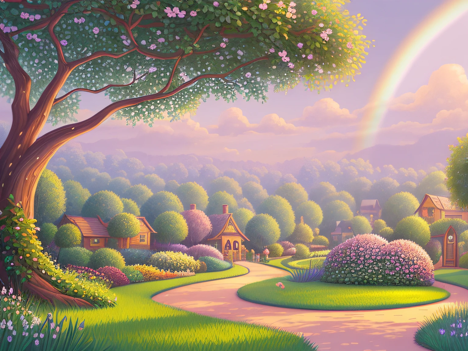 very cute illustration for a children's picture book,Rainbow Grass and Miracle Vines blossomed, making the Dreamy's garden more wonderful.,Muted or Subdued Illustration Styles, Digital Painting, by Pixar style