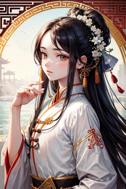 bestquality ,master-piece, illustration, Extremely Delicate and Beautiful, Very detailed , 1 Boy, Long hair pulled back, Brown eyes, Black Hair, White traditional Chinese dress, spring