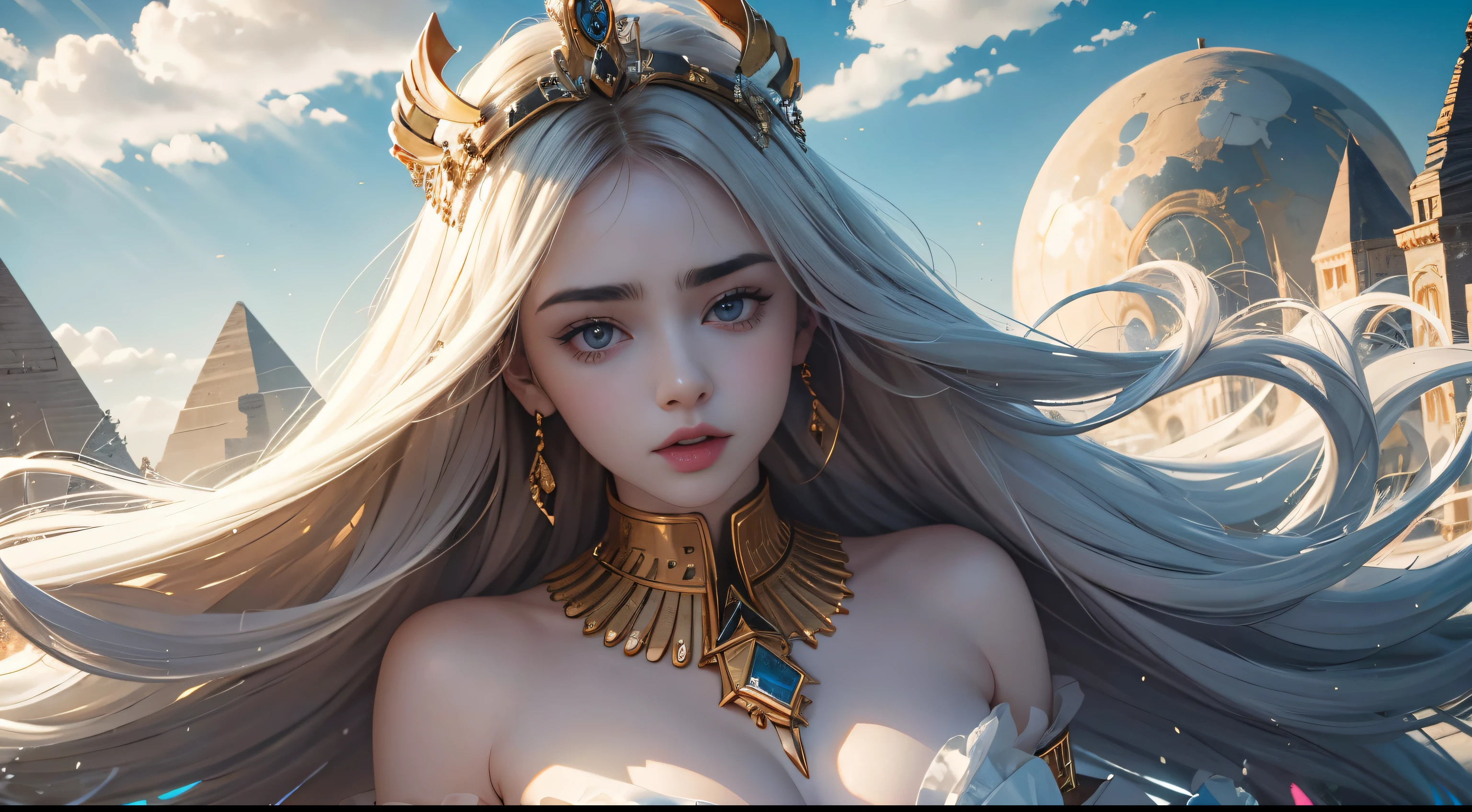 Lily Collins,Trio,A queen,Angelic,Caucasians, white colors, ,God-level quality master,white skinned,8K high image quality,welcoming,Bigchest,A pair of big eyes are beautiful and moving,white skinned,putting makeup on,Red long-haired,curlies,Long gray hair,gold suit,outside background,with blue sky and white clouds,Egyptian pharaoh,pyramid,Full gold,Very thorough,crystal-clear,thread multiple penises,Cool big gear,Strange planet,
