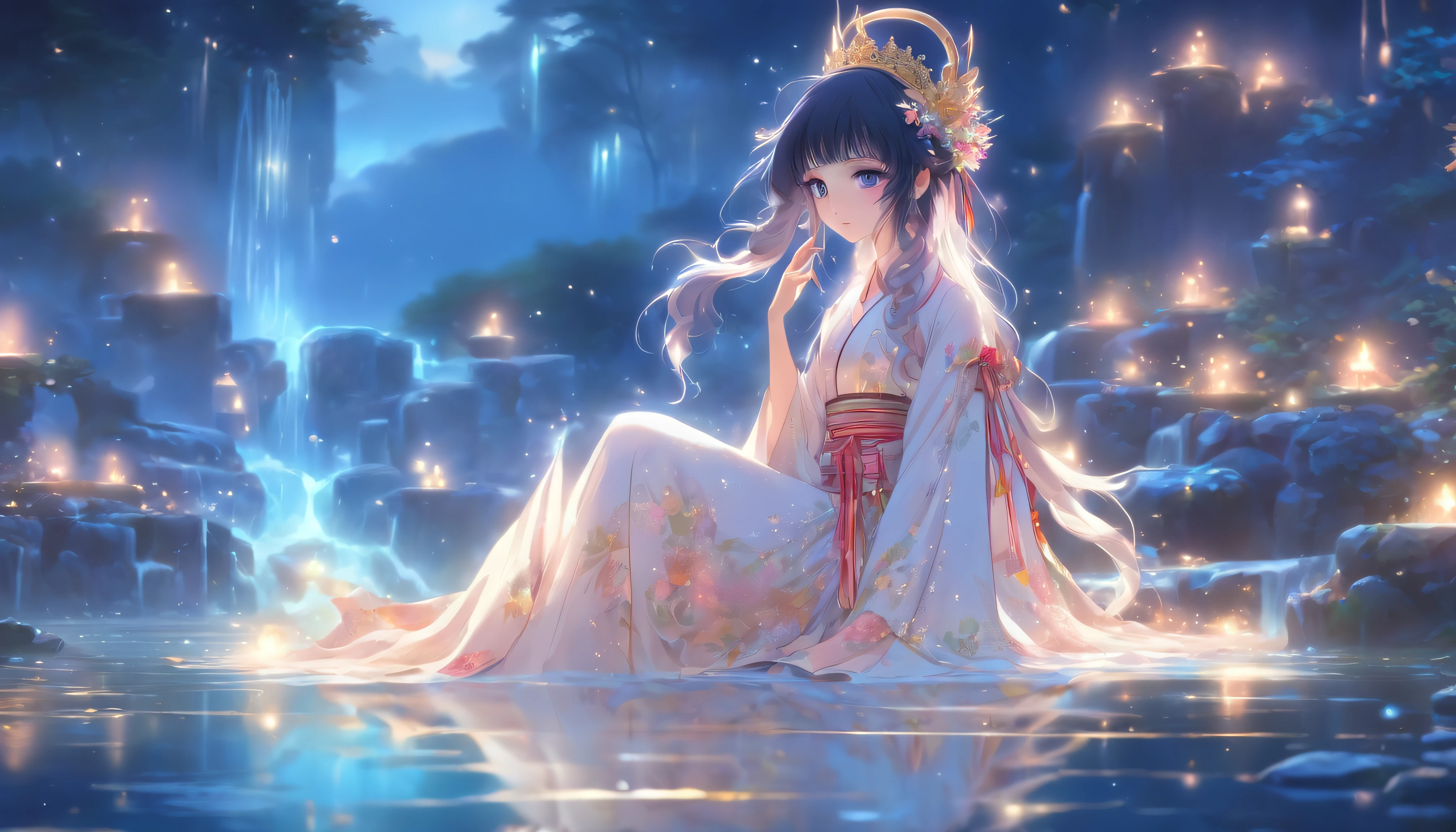 (tmasterpiece, Best quality at best), 1个Giant Breast Girl(Atenea_Asamiya Palace), Lovely dress, cabelos preto e longos, sitted, Beautiful outdoor background, the night, ln the forest,Highly detailed and hyper-realistic visuals,China ink painting,water ink,ink,soiled,Chinese style,The medium scene is,ultradetailed,ultra - detailed,high high quality,8K ,Focus sharply,The medium scene iull body like,oc rendered