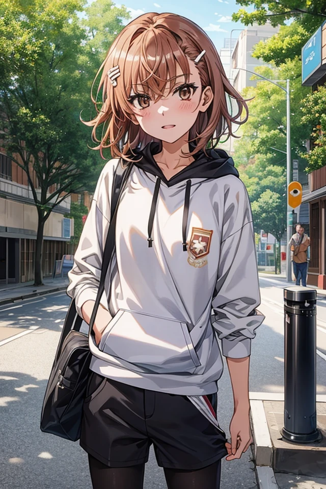 Misaka_mikoto, 1 persons, 独奏,
(illustratio:1.1)、(Top image quality)、(masterpiece:1.1)、(beautiful and clear background:1.25)、(the Extremely Detailed CG Unity 8K Wallpapers:1.1)、(colourfull:0.9)、(depth of fields:0.75)、(Ink splashing:0.95)、(color splashes:0.85)、(watercolor paiting:0.65)、
(cowboy shot:1.4)、D、耳环、up looking_で_viewer、Sunnyday、Black hoodie,A hoodie large enough to cover your pants,shortpants,Black pantyhose,brown short boots,In the street