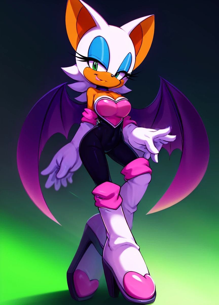 Rouge the Bat, wingless, 2D illustration, 1.2, solo, perspective, medium breast, bare shoulders, smile, totally blushed, nervous, looking at the viewer, green eyes, black choker, seductive gaze, strapless, short black dress, black pencil skirt, black high heels, Nightclub, neon lights, standing, sexy poses.