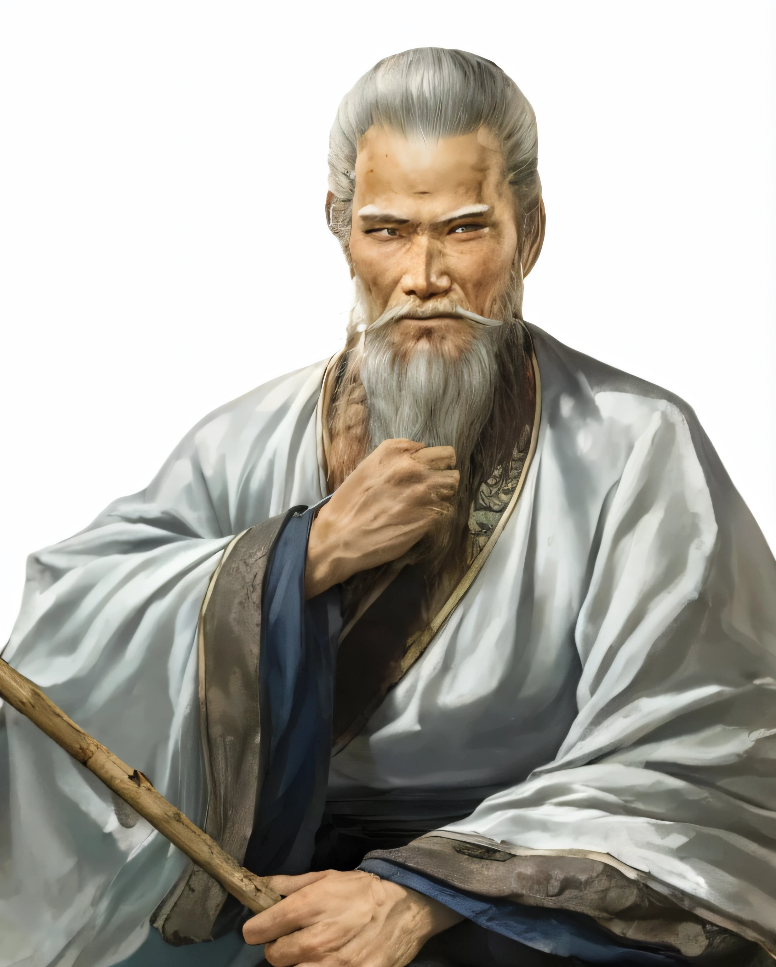 Ancient Chinese image of a hermit with a long beard and a staff,8K quality,hyper HD