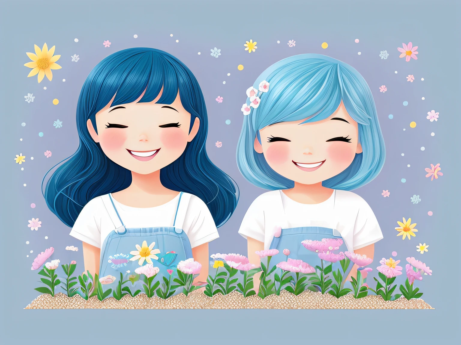 very cute illustration for a children's picture book， Dreamy sprinkled "Smile Flowers" seeds, and when they bloomed, everyone felt happy.，blue hair, Muted or Subdued Illustration Styles， Digital Painting， by Pixar style