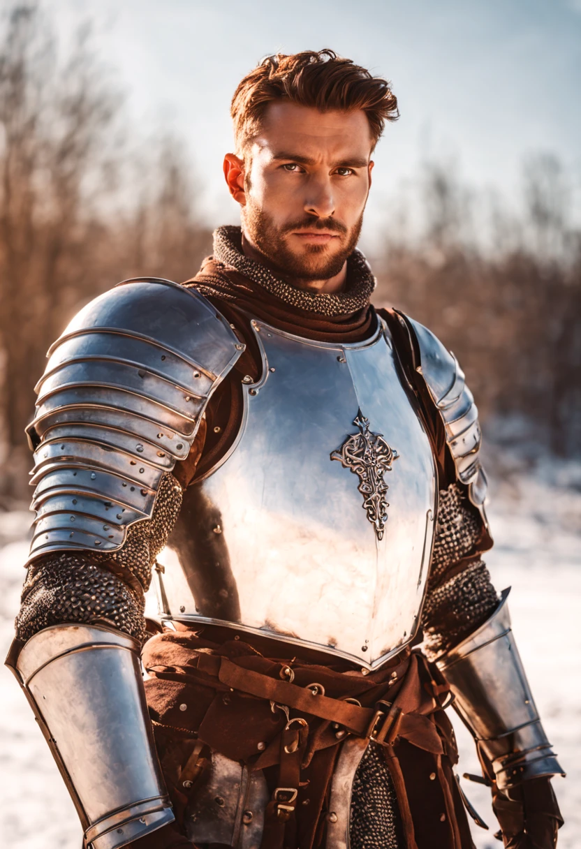 Portrait of the most handsome man in the world, (Medieval armor), metal reflective, The upper part of the body, Side Body, Outdoor activities, Strong sunshine, Empty snow