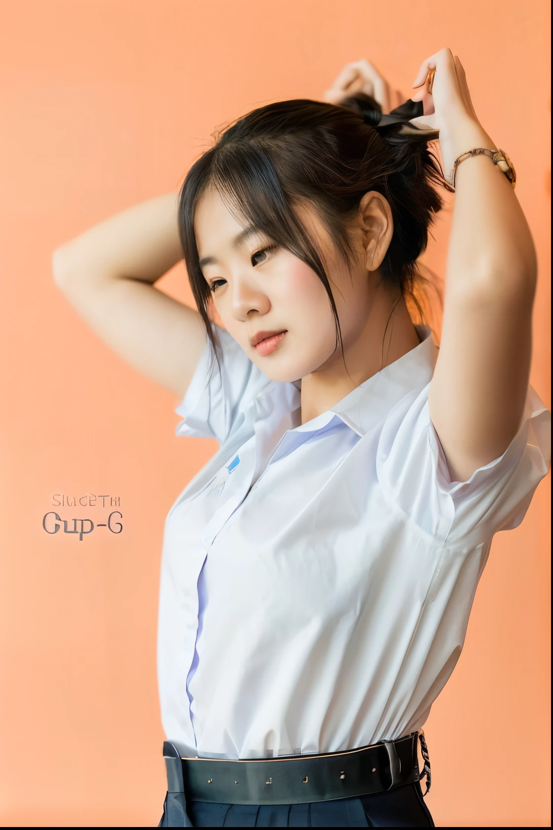 (photo-realistic:1.5), in the garden, asian woman in a white shirt and black skirt, young asian girl, chinese girl, beautiful Chinese woman, 17 year old, a young asian woman, short pony-tail hair, wearing Thai school uniform with small blue numbers printed on right, very pale purple polyester shirt, (shirt has with large and short pleated sleeve:1.2), shirt well ironed, (shirt tucked in neatly:1.5), raised arm, partially-seen armpit,