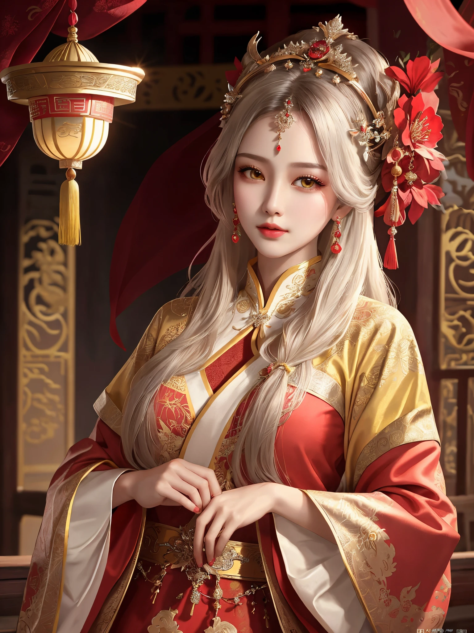 (extremely detailed CG unity 8k wallpaper,masterpiece, best quality, ultra-detailed),(best illumination, best shadow, an extremely delicate and beautiful), 1 lady (solo), pretty face, detailed face, (yellow eyes). deatiled eyes, rosy skin, big round breast, (full body: 0.5), Sexy, attractive body, slim, half-tied white hair, Unbalanced hair, hair covering one side, hairpin, (detailed hand), a beautiful fantasy empress, ((a beautiful fantasy empress)), palace, a girl in hanfu, (red dress), trending on cgstation, 🌺 cgsociety, artwork in the style of guweiz, Chinese style, Chinese palace background, (looking at viewer: 1.2), beautiful digital artwork, 8k high quality detailed art