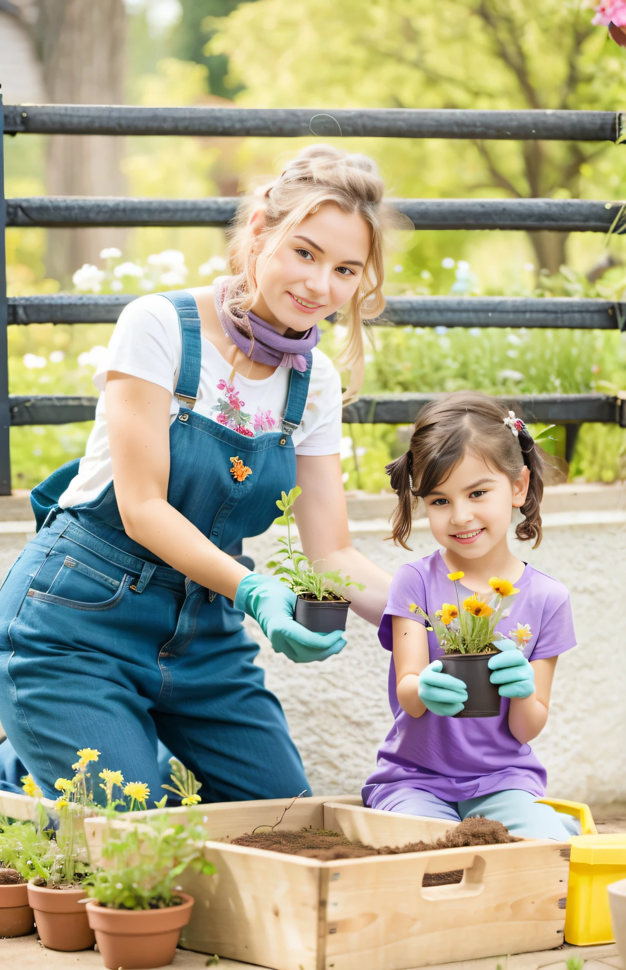 European and American women and a girl are planting flowers in the garden, exquisite facial features,Correct proportions of facial features,gardening, choose a flower, with a , advertising photograph, Beautiful image, on the garden, promotional images, User photo, portraitures, wearing work clothes, advertisement picture, in a cottage garden, Pick flowers, Cottage core garden, Better homes and gardens