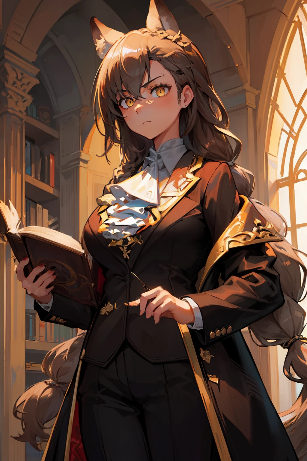 (best quality:1.3), (masterpiece:1.3), (illustration:1.3), (ultra-detailed:1.3), ((Best quality)), animal ears, wolf ears, extra ears, long hair, brown hair, wolf girl, yellow eyes, ascot, white ascot, hair between eyes, closed mouth, jewelry, bangs, large breasts, indoors, standing, serious expression, black long pants, black suit, coat, mature, holding a book, tall, braid, french braid, elegant