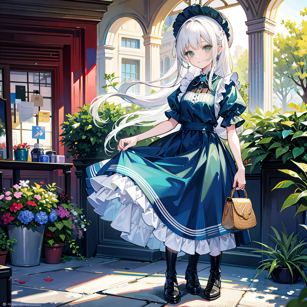 (masterpiece, top quality, best quality), pixel, pixel art, 1girl, full body, white hair, green eyes, blue maid dress