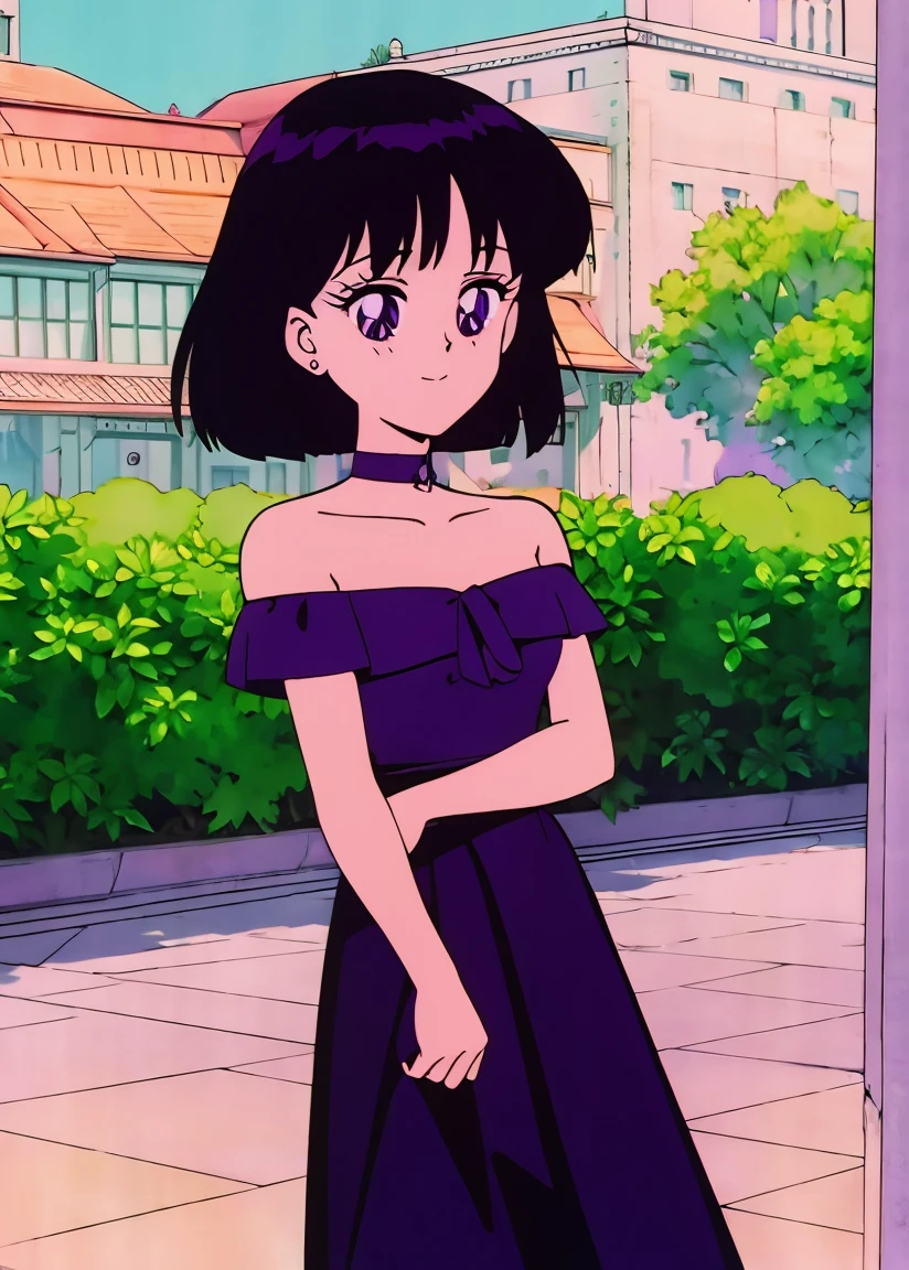 Best quality, masterpiece, r, Hotaru Tomoe, Short Hair, Black Hair, Bob Hair, Bob Haircut, Purple Eyes, Smile, Bare Neck, Bare Arms, Bare Shoulders, Purple Dress, Strapless Purple Dress, Lace Off-shoulder top, Ruffle Off-the-Shoulder Top, Maxi Dress, Outside the Mansion, Looking at You, daytime, garden background, standing up