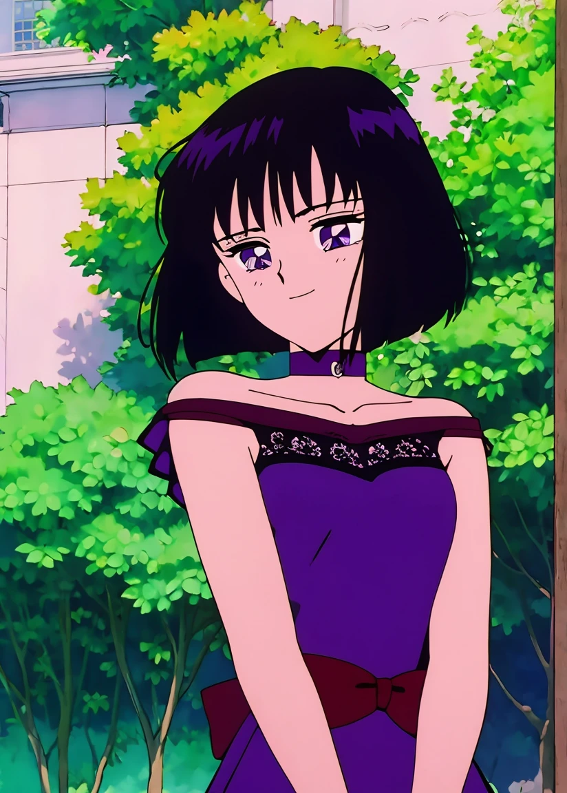 Best quality, masterpiece, r, Hotaru Tomoe, Short Hair, Black Hair, Bob Hair, Bob Haircut, Purple Eyes, Smile, Bare Neck, Bare Arms, Bare Shoulders, Purple Dress, Strapless Purple Dress, Lace Off-shoulder top, Ruffle Off-the-Shoulder Top, Maxi Dress, Outside the Mansion, Looking at You, daytime, garden background, standing up