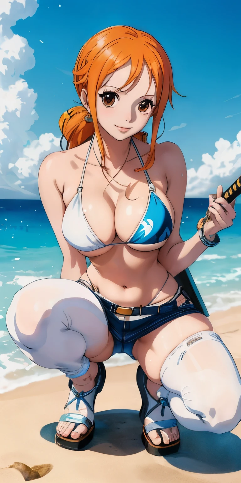 An arafe woman wearing a bikini top and super miniskirt and holding a sword,Squatting down with M-shaped legs spread in a super miniskirt、White shorts visible under the miniskirt、nami one piece, beautiful portrait of nami,White panties visible from the miniskirt、Squatting with M-shaped legs、 Nami of one piece,Nami in super miniskirt, Detailed Digital Anime Art, Cute exirobat showing white pants, Very detailed ArtGerm haha, deviantart artstation cgscosiety, realistic bikini, Swimsuit, fanart best artstation, ArtGerm. high detailing