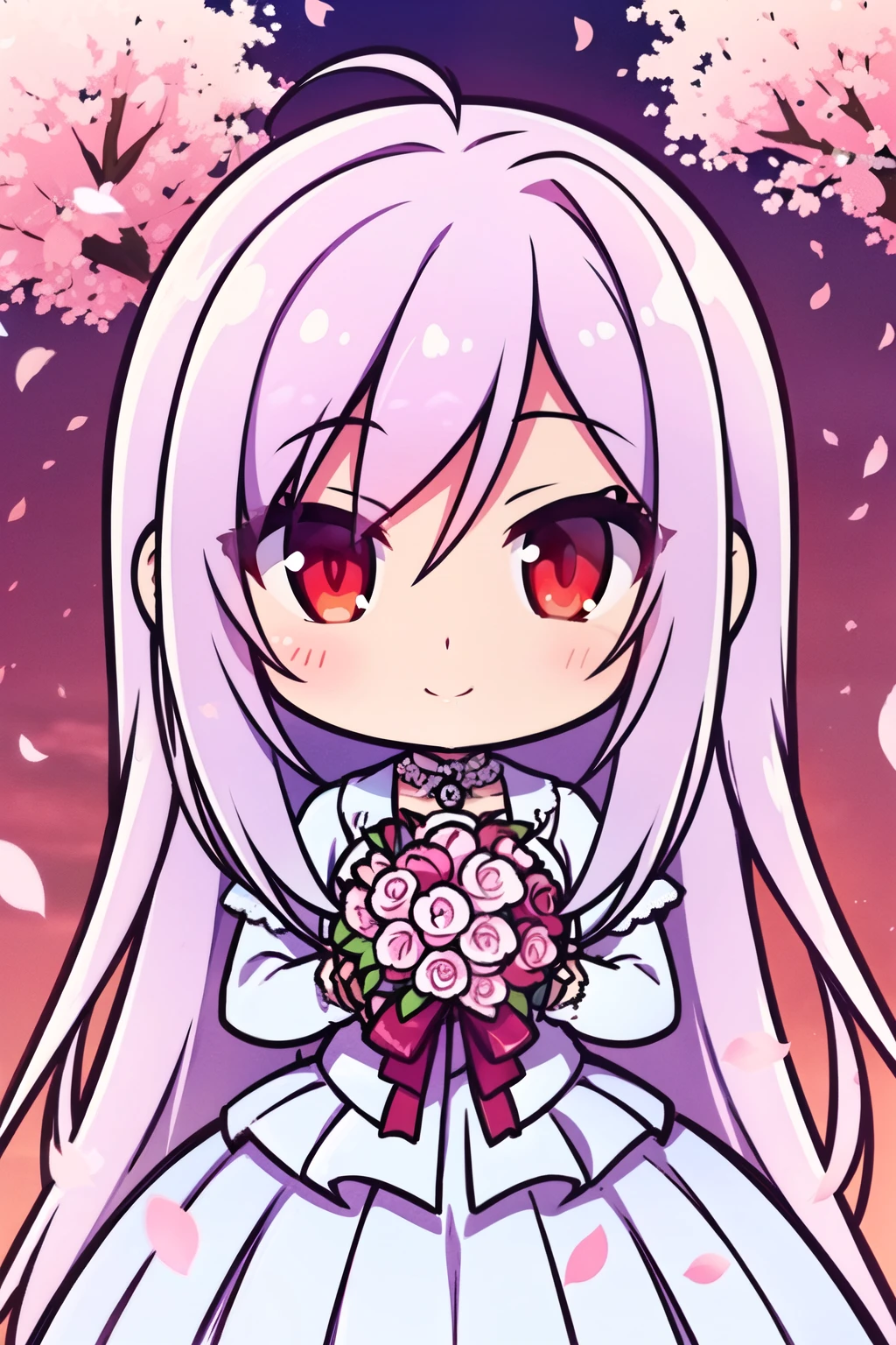 1 girl, 28 years old, Long silver hair, red eyes with slit pupils, Small breasts, master piece, Best Quality, Proportional body, Proportional, Wedding Dresses, white wedding dress, Long skirt, Wedding, Under the cherry blossom tree background, Cherry blossom petals are falling, plein air, Wedding, Upper body, The sky is beautiful, Both hands hold a bouquet of flowers, White Gloves, Make eye contact with the camera, (light_Smile:1.5), (Detailed hands and fingers:1.2)